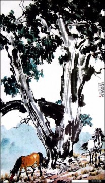 Xu Beihong Ju Peon Painting - Xu Beihong horses under a tree old China ink